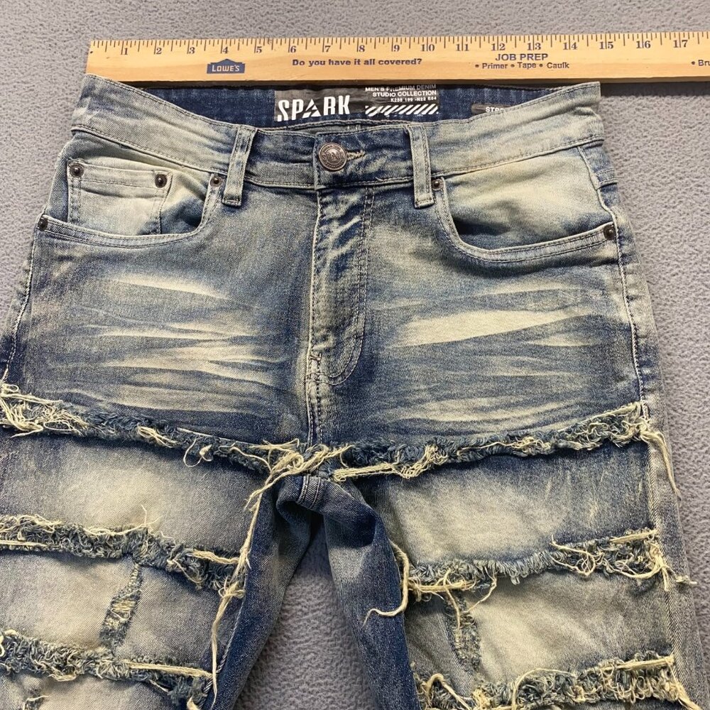 SPARK PREMIUM 29X38 Stretch Ripped Distressed Flare Fit Stacked Denim Jeans - Picture 4 of 14
